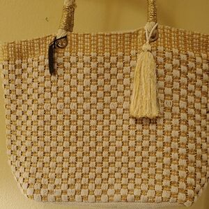 Crosstree Lane Stylish Gold, Cream, & Yellow Woven Tote Bag